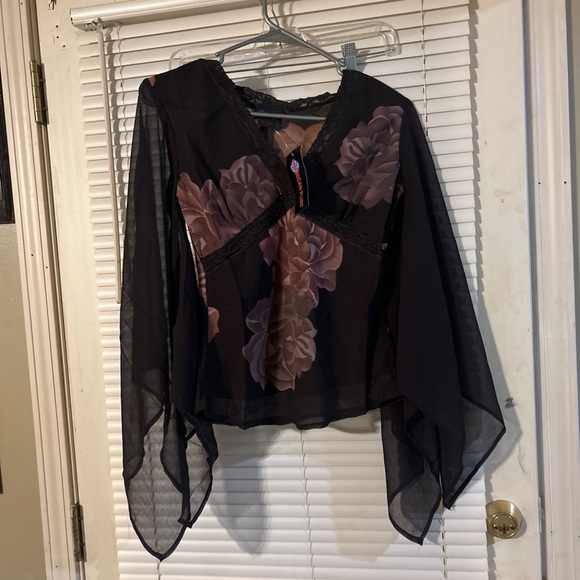 American Flirt Tops - Sheer Brown  V-Neck Blouse with Mauve Floral Print